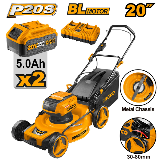 INGCO LMLI20202 40V Cordless Brushless Lawn Mower 20in 60L with 2 Batteries & Charger