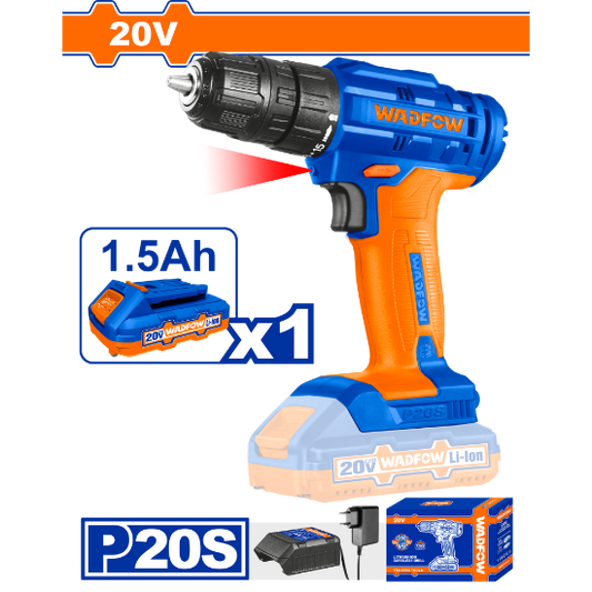 WADFOW Cordless Drill 20V 10mm 35Nm with 1.5Ah Battery and Charger WCDP511