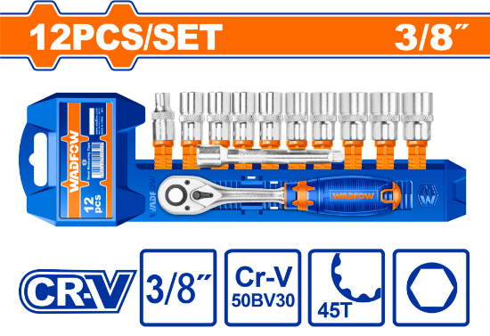 WADFOW Socket Set 12pcs 3/8in with Ratchet WST3212