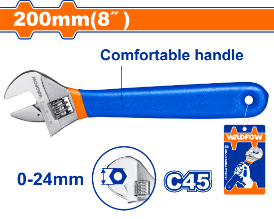 WADFOW Adjustable Wrench 8in 200mm Rubber Grip WAW5108