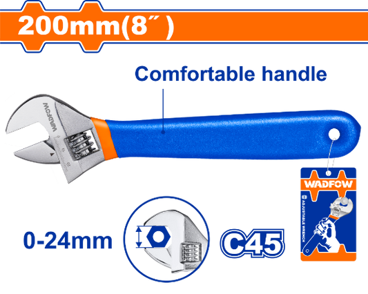 WADFOW Adjustable Wrench 8in 200mm Rubber Grip WAW5108