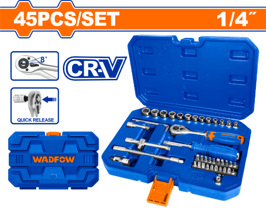 WADFOW Socket Set 45pcs 1/4in with Ratchet and Case WST4D45