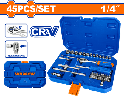 WADFOW Socket Set 45pcs 1/4in with Ratchet and Case WST4D45