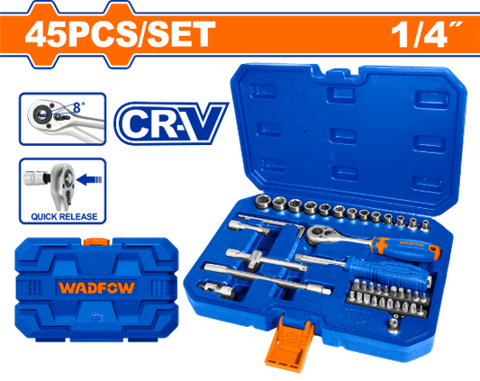 WADFOW Socket Set 45pcs 1/4in with Ratchet and Case WST4D45