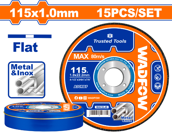 WADFOW Metal & Inox Cutting Disc 115x1.0x22.2mm 15pcs Tin WAC2L45