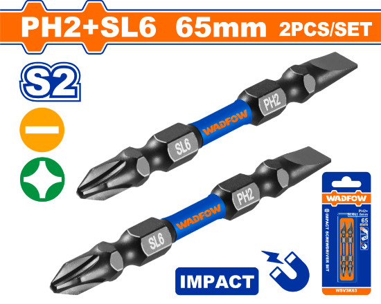 WADFOW Impact Screwdriver Bits PH2 & SL6.0 65mm 2pcs WSV3K63
