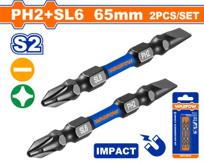 WADFOW Impact Screwdriver Bits PH2 & SL6.0 65mm 2pcs WSV3K63
