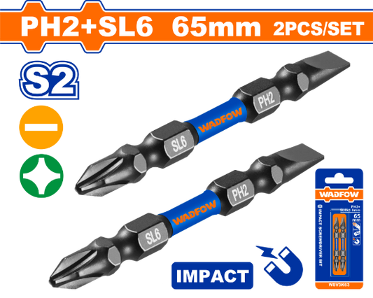 WADFOW Impact Screwdriver Bits PH2 & SL6.0 65mm 2pcs WSV3K63
