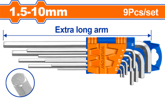 WADFOW Extra Long Arm Hex Key Set 9pcs 1.5-10mm Cr-V WHK1292