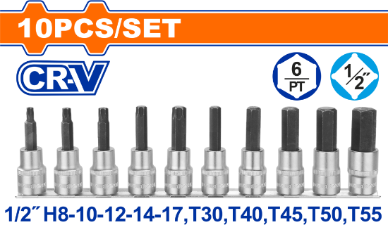 WADFOW Bit Socket Set 10pcs 1/2in Hex & Torx WST1412