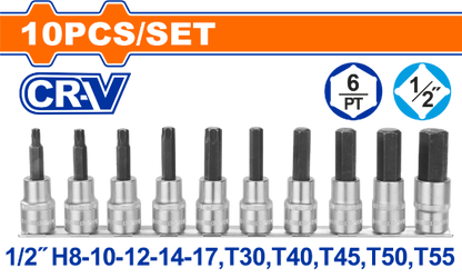 WADFOW Bit Socket Set 10pcs 1/2in Hex & Torx WST1412