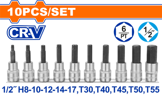 WADFOW Bit Socket Set 10pcs 1/2in Hex & Torx WST1412