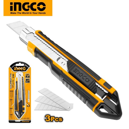 INGCO Snap-Off Utility Knife 18x100mm with 3 SK5 Blades HKNS16538