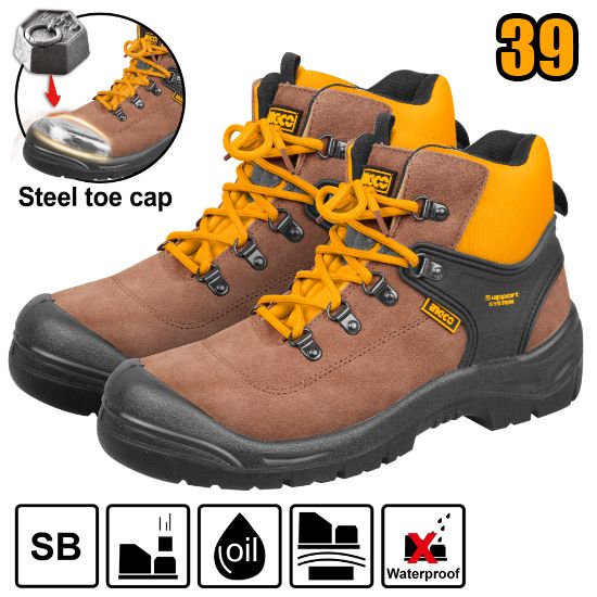INGCO Leather Safety Shoes Steel Toe Support System Size 39 SSH12SB.39