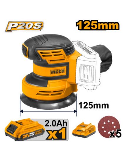 INGCO Cordless Random Orbital Sander 20V 125mm 1Batt+Char CROSLI20011