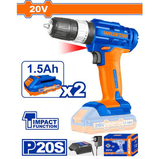 WADFOW Cordless Impact Drill 20V 10mm 35Nm with 2x1.5Ah Batteries and Charger WCDP522