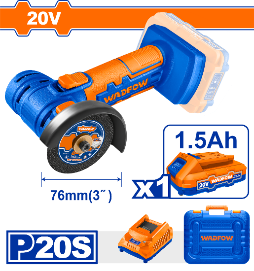 WADFOW Cordless Mini Angle Grinder 20V 76mm with 1.5Ah Battery and Charger WLAP571