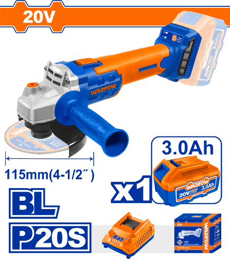 WADFOW Cordless Angle Grinder 20V 115mm Brushless with 3Ah Battery and Charger WLAPM21