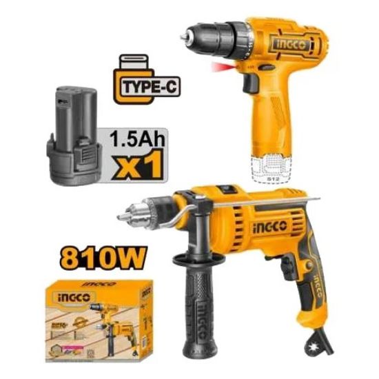 INGCO Cordless Drill 12V & Impact Drill 810W Combo Set 1Batt USB-C COSLI23041