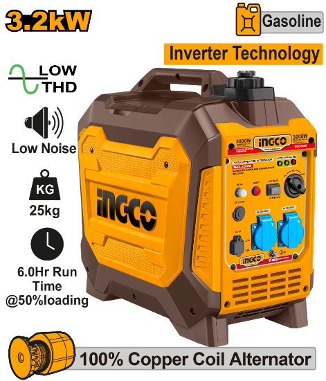 INGCO Silent Inverter Petrol Generator 3.2kW Recoil Start GEI35006