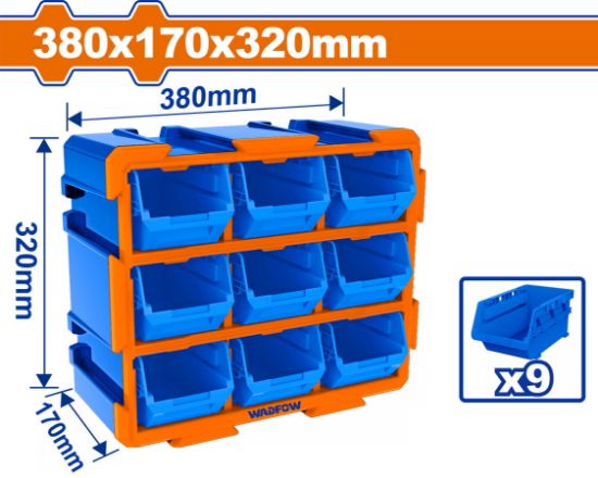 WADFOW Wall Mount Storage Bin Rack with 9 Blue Bins 380x170x320mm WTB8330