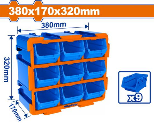 WADFOW Wall Mount Storage Bin Rack with 9 Blue Bins 380x170x320mm WTB8330