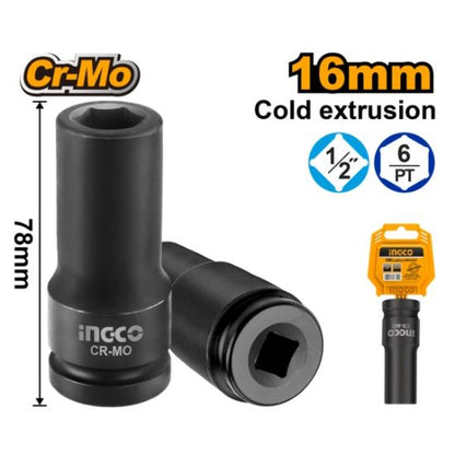 INGCO Deep Impact Socket 16mm 1/2in Drive HDIS12161L