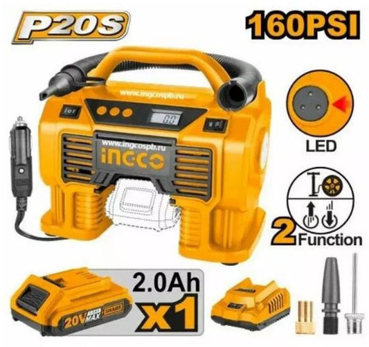 INGCO Cordless Tyre Inflator 20V 160PSI Digital Display 1Batt 2Ah+Char CACLI20021