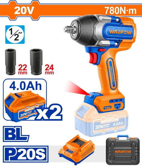 WADFOW Cordless Impact Wrench 20V 1/2in 780Nm Brushless with 2x4Ah Batteries and Charger WCD1B78