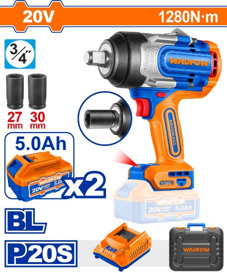 WADFOW Cordless Impact Wrench 20V 1280Nm Brushless with 2x5Ah Batteries and Charger WCD1B128