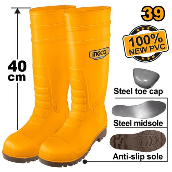 INGCO SSH092S1P.39 Safety Rubber Boots S1P Steel Toe Anti-Slip Size 39
