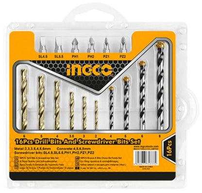 INGCO Drill and Screwdriver Bit Set 16pcs for Metal Wood and Concrete AKSDB9165