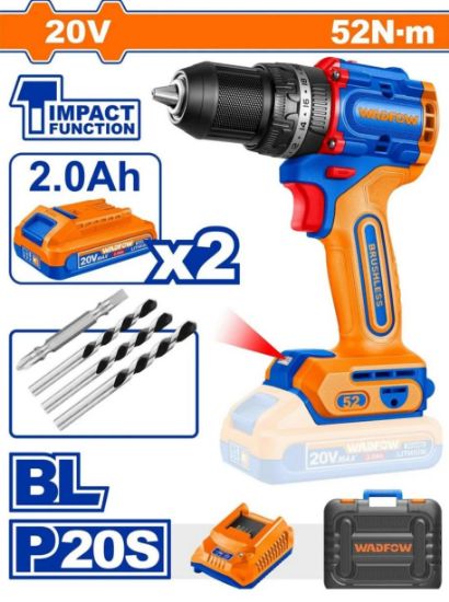 WADFOW Cordless Impact Drill 20V 13mm 52Nm Brushless with 2x2Ah Batteries and Charger WCDP5281