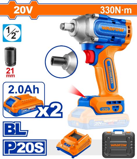 WADFOW Cordless Impact Wrench 20V 1/2in 330Nm Brushless with 2x2Ah Batteries and Charger WCD1B33
