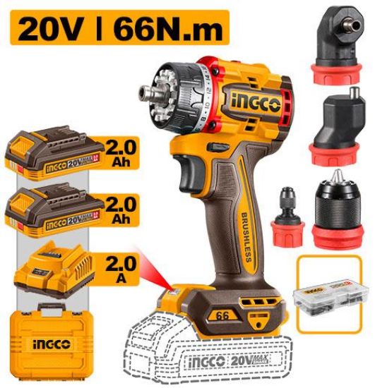 INGCO Cordless Drill 20V Brushless 66Nm with 4 Interchangeable Heads 2Batt 2Ah+Char CDLI206686