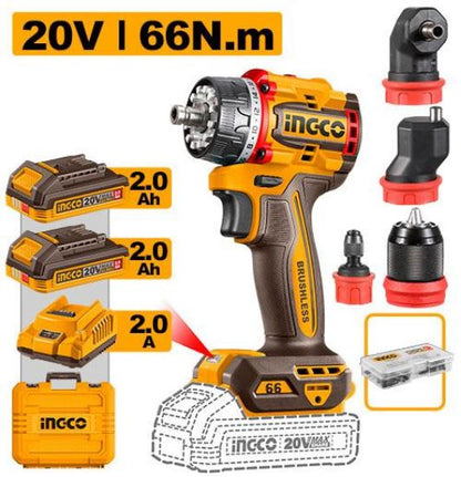 INGCO Cordless Drill 20V Brushless 66Nm with 4 Interchangeable Heads 2Batt 2Ah+Char CDLI206686