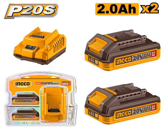 INGCO FBCPK2212 | طقم بطاريتين 20 فولت 2.0 أمبير مع شاحن صناعي