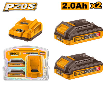 INGCO FBCPK2212 | طقم بطاريتين 20 فولت 2.0 أمبير مع شاحن صناعي