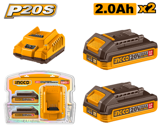 INGCO FBCPK2212 | طقم بطاريتين 20 فولت 2.0 أمبير مع شاحن صناعي