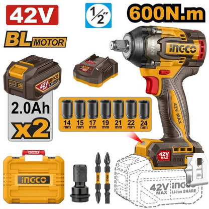 INGCO CIWLI42602 | مفتاح صواميل بطارية بلي براش 42 فولت 600 ن.م
