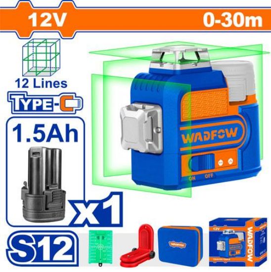 WADFOW Green 12 Line Laser Level 0-30m 12V with 1.5Ah Battery WLE8M12