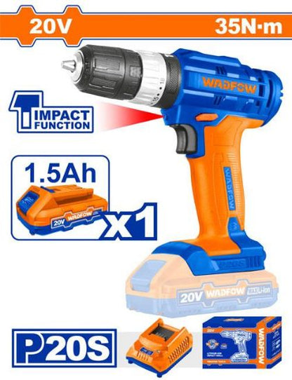 WADFOW Cordless Impact Drill 20V 10mm 35Nm with 1.5Ah Battery and Charger WCDP521