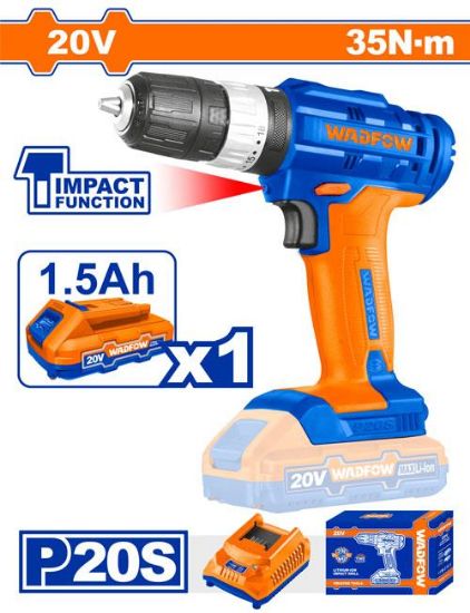 WADFOW Cordless Impact Drill 20V 10mm 35Nm with 1.5Ah Battery and Charger WCDP521