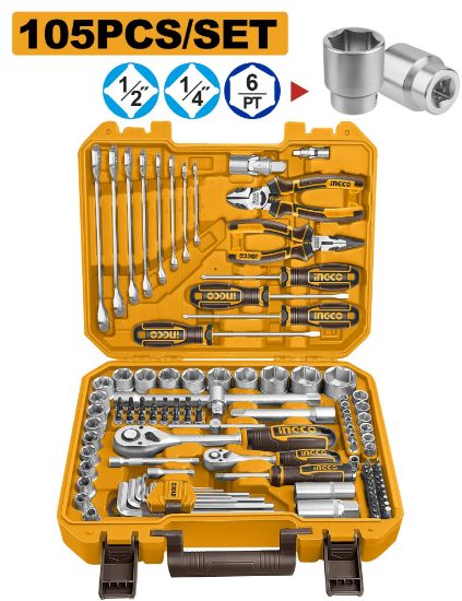 INGCO HKTHP51058 105 Piece Socket & Tool Set 1/4in & 1/2in in Plastic Case