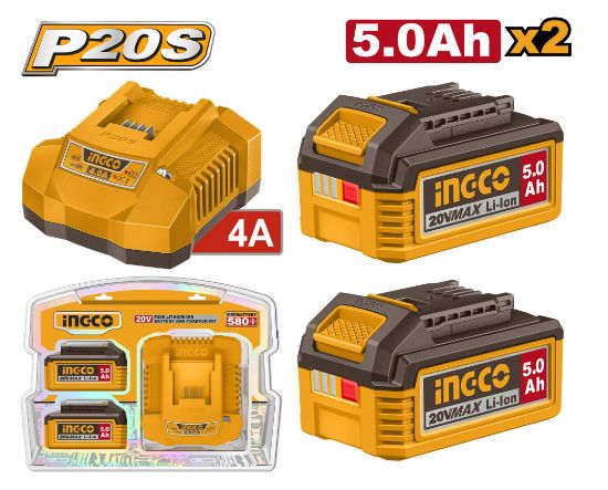 INGCO FBCPK2513 | طقم بطاريتين 20 فولت 5.0 أمبير مع شاحن صناعي