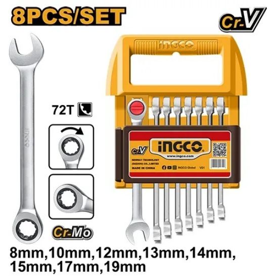 INGCO HKSPAR2082 Ratchet Spanner Set 8Pcs 8-19mm
