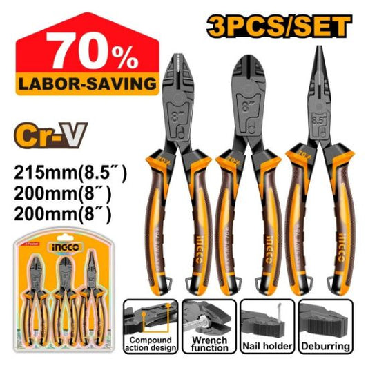 INGCO Compound Action Pliers Set 3pcs Labor Saving 70% HKCPS5836 | طقم بانسات بولاد صناعي