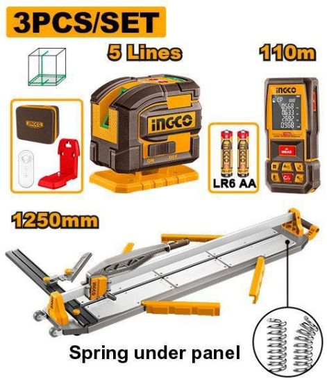 INGCO Tile Cutter 1250mm + 5 Lines Laser Level + 110m Laser Distance Meter Set 3pcs COS261011 | طقم مقص بلاط يدوي صناعي ألمنيوم 1250 مم + ليزر شقلة 5 خطوط + متر ليزر