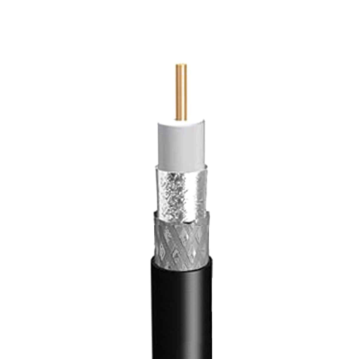Coaxial cable with black outer jacket, silver inner conductor, and gold center conductor on a white background.