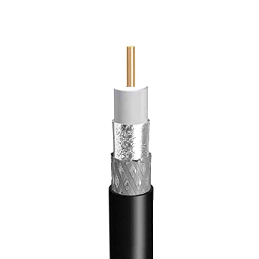 Coaxial cable with black outer jacket, silver inner conductor, and gold center conductor on a white background.